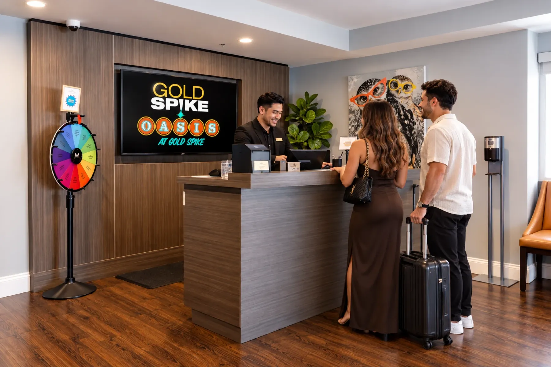 Guests checking in at the Oasis front desk