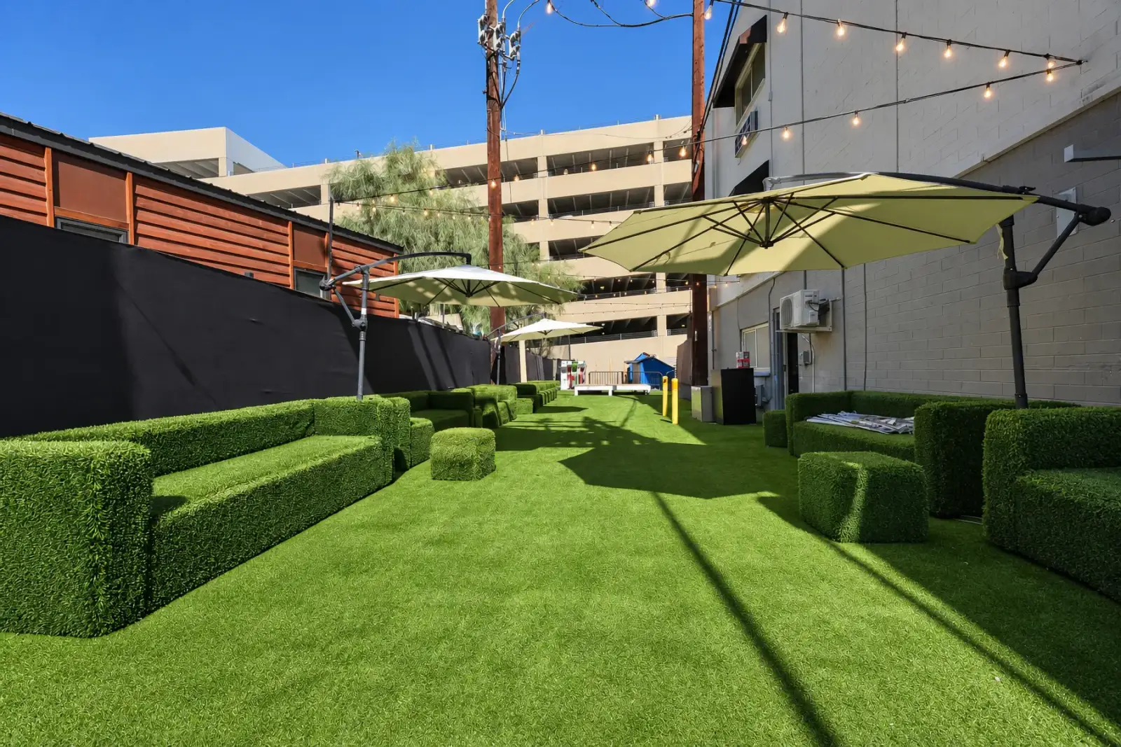 The lawn with umbrellas and string lights